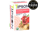 Tipson Ashwagandha Pomegranate – organiczna mieszanka rumianku, ashwagandhy, trawy cytrynowej, hibiskusa, skórki pomarańczy oraz naturalnego aromatu granatu. Kopertowane saszetki zostały umieszczone w opakowaniu ozdobionym grafiką egzotycznego owocu  i przypraw.