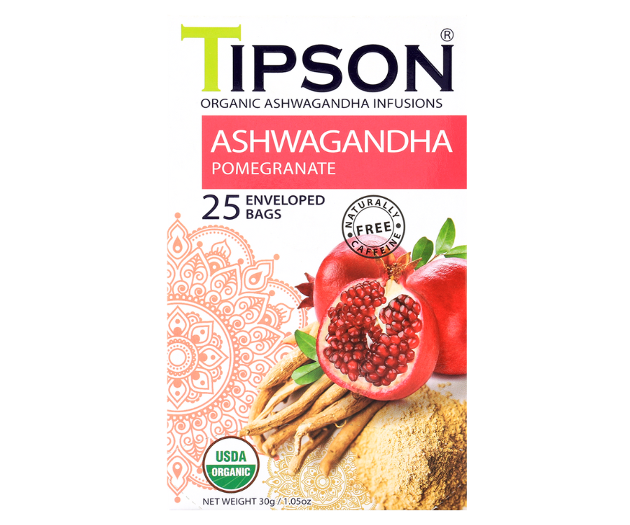 Tipson Ashwagandha Pomegranate – organiczna mieszanka rumianku, ashwagandhy, trawy cytrynowej, hibiskusa, skórki pomarańczy oraz naturalnego aromatu granatu. Kopertowane saszetki zostały umieszczone w opakowaniu ozdobionym grafiką egzotycznego owocu  i przypraw.