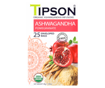 Tipson Ashwagandha Pomegranate – organiczna mieszanka rumianku, ashwagandhy, trawy cytrynowej, hibiskusa, skórki pomarańczy oraz naturalnego aromatu granatu. Kopertowane saszetki zostały umieszczone w opakowaniu ozdobionym grafiką egzotycznego owocu  i przypraw.