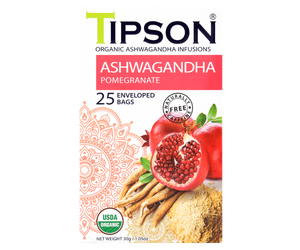 Tipson Ashwagandha Pomegranate – organiczna mieszanka rumianku, ashwagandhy, trawy cytrynowej, hibiskusa, skórki pomarańczy oraz naturalnego aromatu granatu. Kopertowane saszetki zostały umieszczone w opakowaniu ozdobionym grafiką egzotycznego owocu  i przypraw.