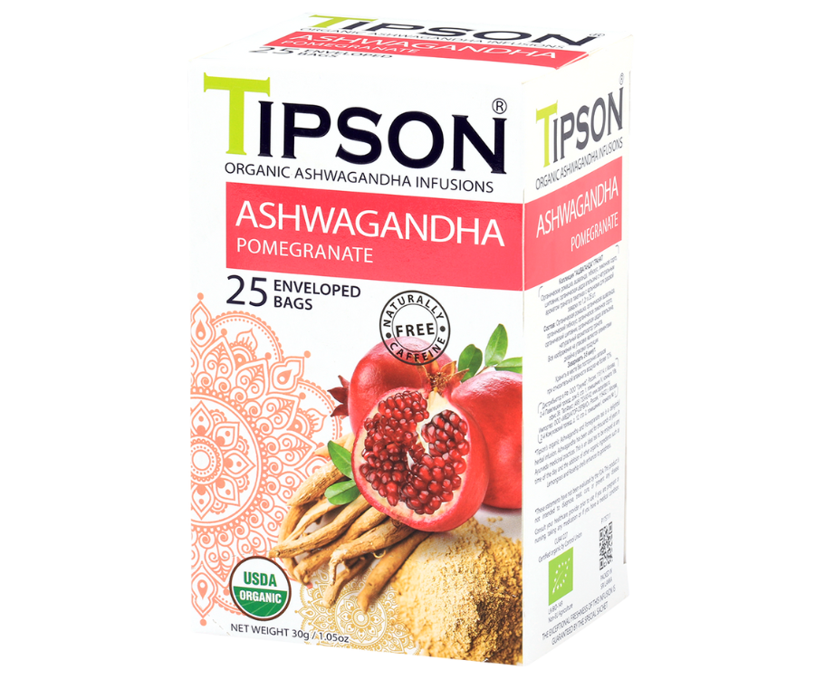 Tipson Ashwagandha Pomegranate – organiczna mieszanka rumianku, ashwagandhy, trawy cytrynowej, hibiskusa, skórki pomarańczy oraz naturalnego aromatu granatu. Kopertowane saszetki zostały umieszczone w opakowaniu ozdobionym grafiką egzotycznego owocu  i przypraw.