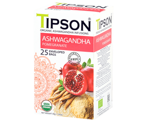 Tipson Ashwagandha Pomegranate – organiczna mieszanka rumianku, ashwagandhy, trawy cytrynowej, hibiskusa, skórki pomarańczy oraz naturalnego aromatu granatu. Kopertowane saszetki zostały umieszczone w opakowaniu ozdobionym grafiką egzotycznego owocu  i przypraw.