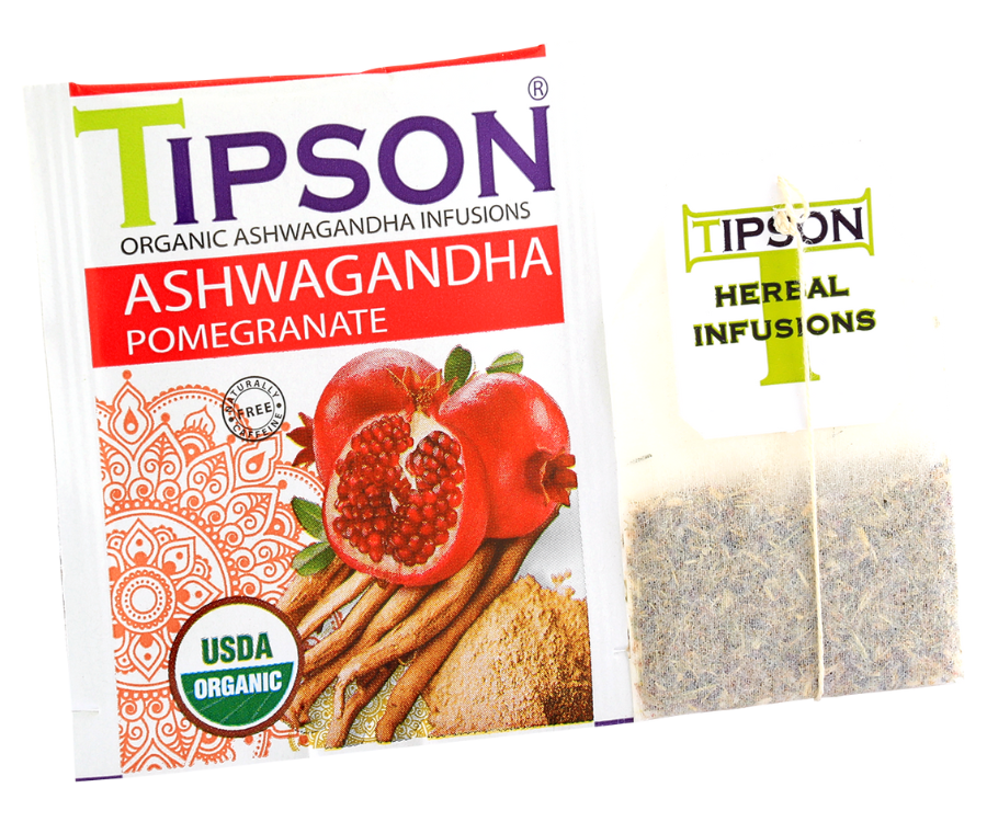 Tipson Ashwagandha Pomegranate – organiczna mieszanka rumianku, ashwagandhy, trawy cytrynowej, hibiskusa, skórki pomarańczy oraz naturalnego aromatu granatu. Kopertowane saszetki zostały umieszczone w opakowaniu ozdobionym grafiką egzotycznego owocu  i przypraw.