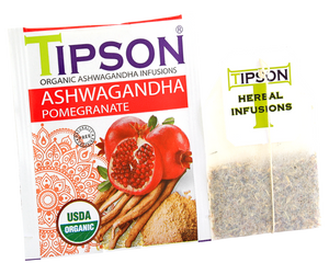 Tipson Ashwagandha Pomegranate – organiczna mieszanka rumianku, ashwagandhy, trawy cytrynowej, hibiskusa, skórki pomarańczy oraz naturalnego aromatu granatu. Kopertowane saszetki zostały umieszczone w opakowaniu ozdobionym grafiką egzotycznego owocu  i przypraw.