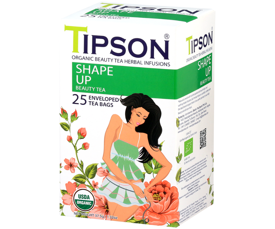 Tipson Shape Up – organiczna mieszanka zielonej herbaty, dzikiej róży, rozmarynu, imbiru, cynamonu i kopru włoskiego na utrzymanie prawidłowej wagi i dobre samopoczucie. Kopertowane saszetki zostały umieszczone w ozdobnym opakowaniu.