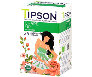 Tipson Shape Up – organiczna mieszanka zielonej herbaty, dzikiej róży, rozmarynu, imbiru, cynamonu i kopru włoskiego na utrzymanie prawidłowej wagi i dobre samopoczucie. Kopertowane saszetki zostały umieszczone w ozdobnym opakowaniu.