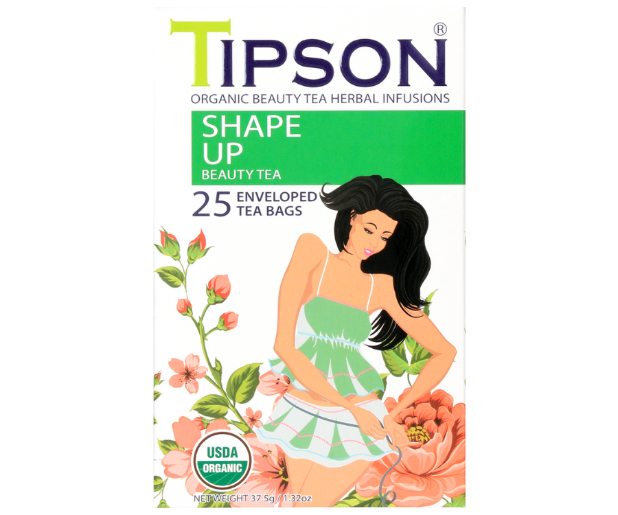 Tipson Shape Up – organiczna mieszanka zielonej herbaty, dzikiej róży, rozmarynu, imbiru, cynamonu i kopru włoskiego na utrzymanie prawidłowej wagi i dobre samopoczucie. Kopertowane saszetki zostały umieszczone w ozdobnym opakowaniu.