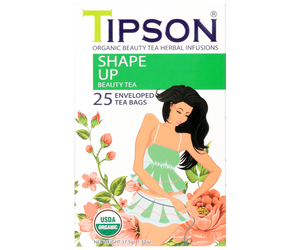 Tipson Shape Up – organiczna mieszanka zielonej herbaty, dzikiej róży, rozmarynu, imbiru, cynamonu i kopru włoskiego na utrzymanie prawidłowej wagi i dobre samopoczucie. Kopertowane saszetki zostały umieszczone w ozdobnym opakowaniu.