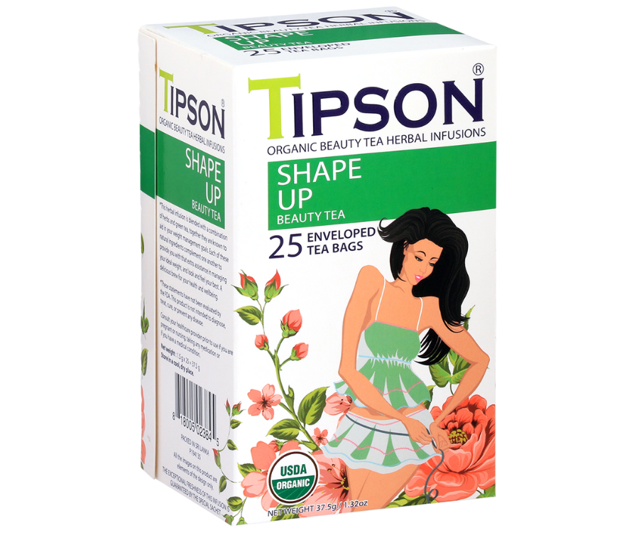 Tipson Shape Up – organiczna mieszanka zielonej herbaty, dzikiej róży, rozmarynu, imbiru, cynamonu i kopru włoskiego na utrzymanie prawidłowej wagi i dobre samopoczucie. Kopertowane saszetki zostały umieszczone w ozdobnym opakowaniu.