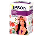 Tipson Skin Glow – organiczna mieszanka zielonej herbaty, hibiskusa, rumianku, mniszka lekarskiego, rooibosa i owoców dzikiej róży na spowolnienie procesu starzenia się skóry. Kopertowane saszetki zostały umieszczone w ozdobnym opakowaniu.