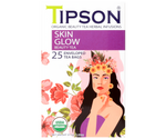 Tipson Skin Glow – organiczna mieszanka zielonej herbaty, hibiskusa, rumianku, mniszka lekarskiego, rooibosa i owoców dzikiej róży na spowolnienie procesu starzenia się skóry. Kopertowane saszetki zostały umieszczone w ozdobnym opakowaniu.