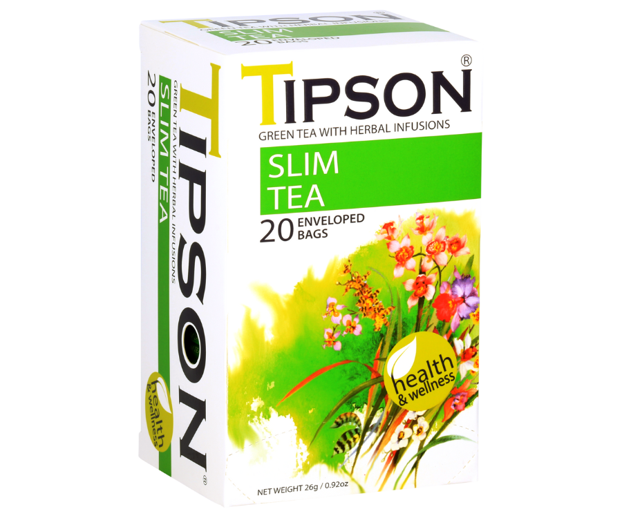 Tipson Slim Tea – zielona herbata cejlońska z dodatkiem rumianku, owoców róży, kolendry i hibiskusa na skuteczne odchudzanie. Kopertowane saszetki zostały umieszczone w ozdobnym opakowaniu z kwiatowym motywem.