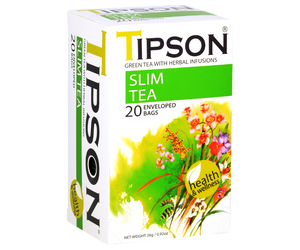 Tipson Slim Tea – zielona herbata cejlońska z dodatkiem rumianku, owoców róży, kolendry i hibiskusa na skuteczne odchudzanie. Kopertowane saszetki zostały umieszczone w ozdobnym opakowaniu z kwiatowym motywem.