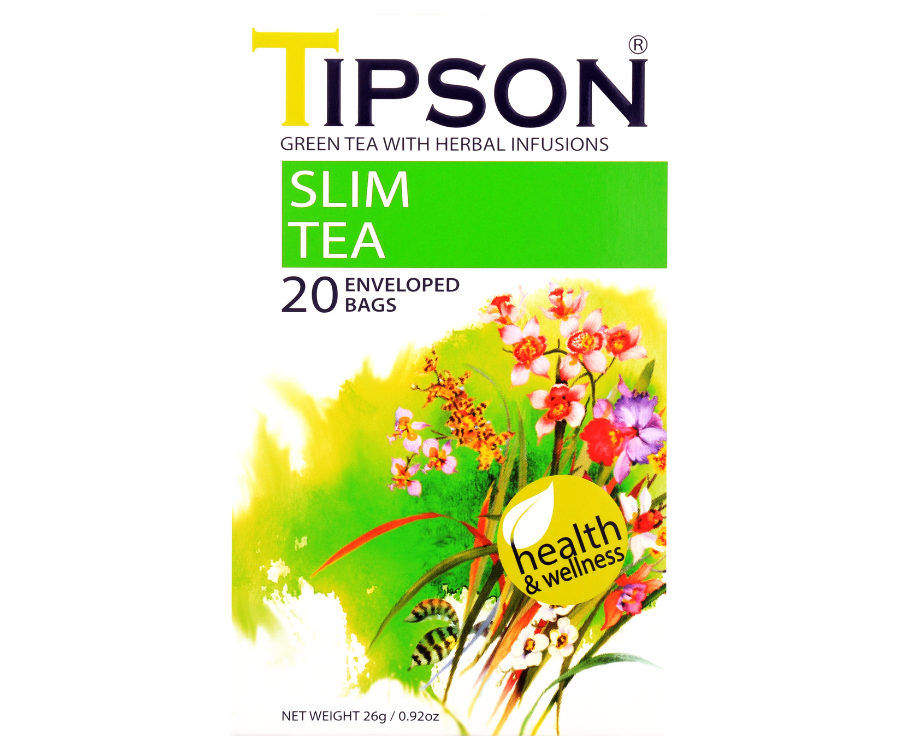 Tipson Slim Tea – zielona herbata cejlońska z dodatkiem rumianku, owoców róży, kolendry i hibiskusa na skuteczne odchudzanie. Kopertowane saszetki zostały umieszczone w ozdobnym opakowaniu z kwiatowym motywem.