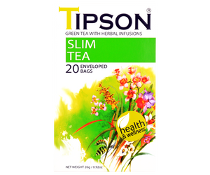 Tipson Slim Tea – zielona herbata cejlońska z dodatkiem rumianku, owoców róży, kolendry i hibiskusa na skuteczne odchudzanie. Kopertowane saszetki zostały umieszczone w ozdobnym opakowaniu z kwiatowym motywem.