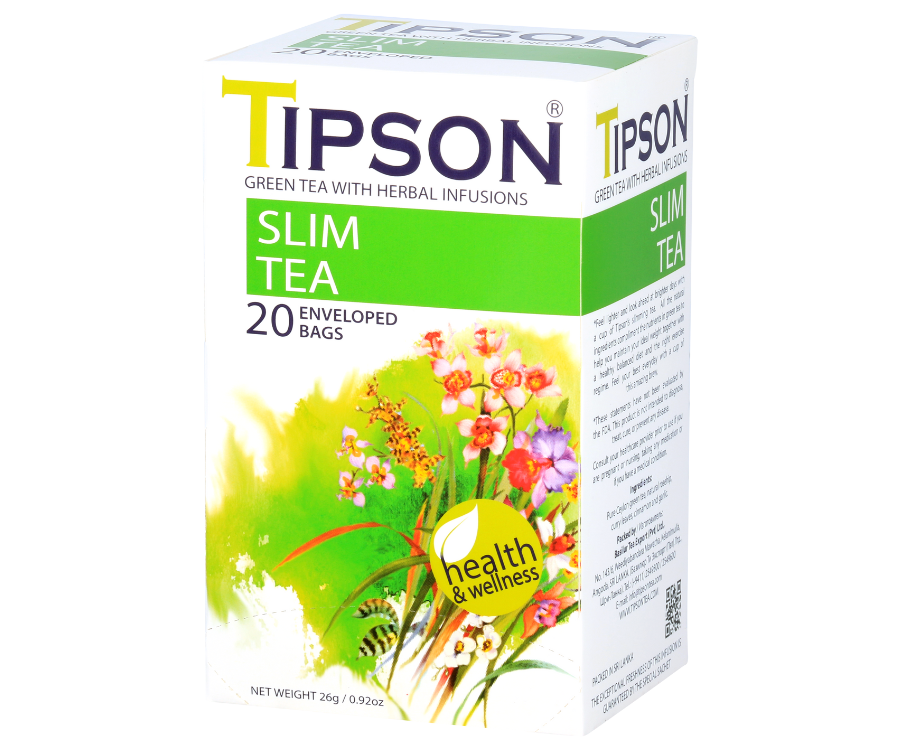 Tipson Slim Tea – zielona herbata cejlońska z dodatkiem rumianku, owoców róży, kolendry i hibiskusa na skuteczne odchudzanie. Kopertowane saszetki zostały umieszczone w ozdobnym opakowaniu z kwiatowym motywem.