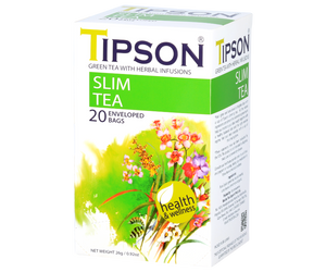 Tipson Slim Tea – zielona herbata cejlońska z dodatkiem rumianku, owoców róży, kolendry i hibiskusa na skuteczne odchudzanie. Kopertowane saszetki zostały umieszczone w ozdobnym opakowaniu z kwiatowym motywem.