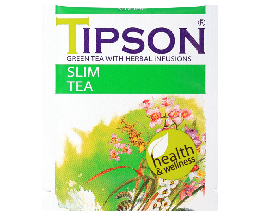 Tipson Slim Tea – zielona herbata cejlońska z dodatkiem rumianku, owoców róży, kolendry i hibiskusa na skuteczne odchudzanie. Kopertowane saszetki zostały umieszczone w ozdobnym opakowaniu z kwiatowym motywem.