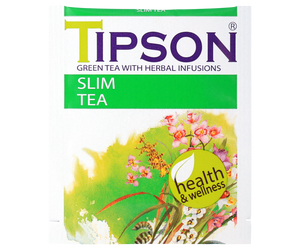 Tipson Slim Tea – zielona herbata cejlońska z dodatkiem rumianku, owoców róży, kolendry i hibiskusa na skuteczne odchudzanie. Kopertowane saszetki zostały umieszczone w ozdobnym opakowaniu z kwiatowym motywem.