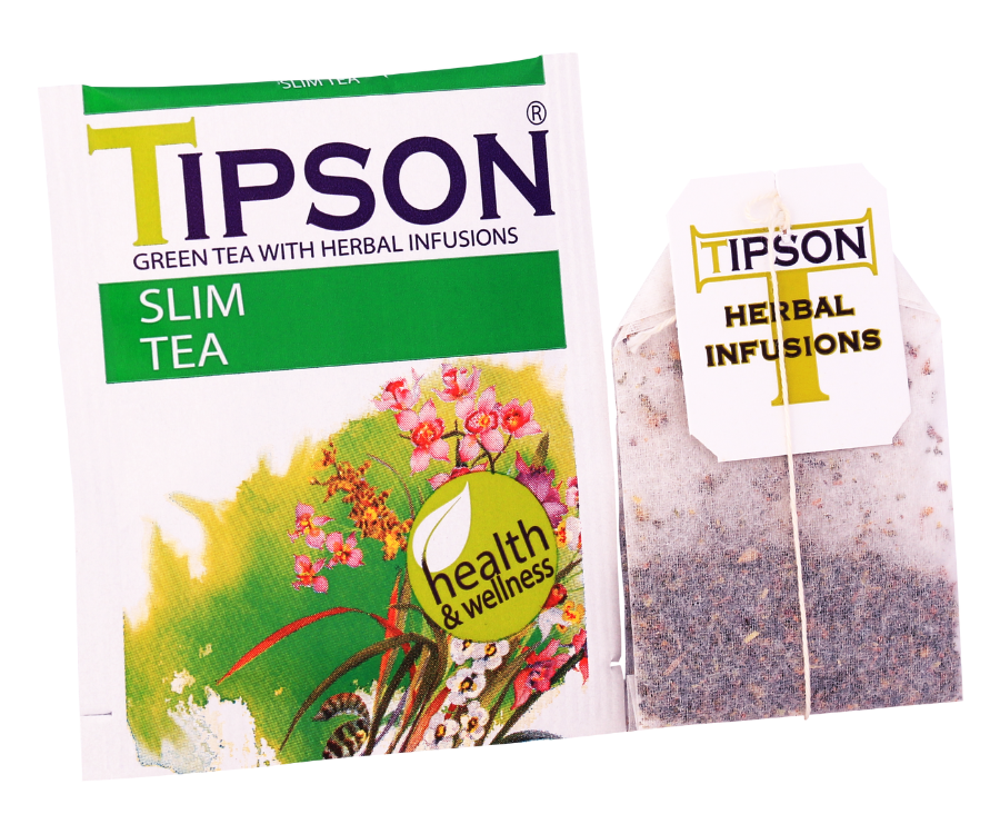 Tipson Slim Tea – zielona herbata cejlońska z dodatkiem rumianku, owoców róży, kolendry i hibiskusa na skuteczne odchudzanie. Kopertowane saszetki zostały umieszczone w ozdobnym opakowaniu z kwiatowym motywem.