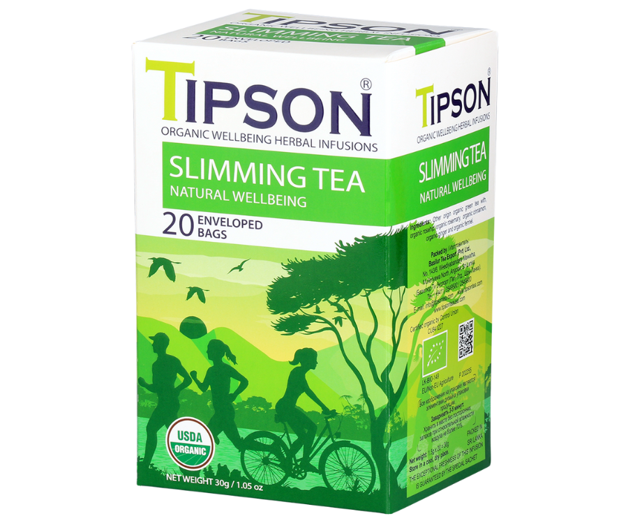 Tipson Slimming Tea – organiczna mieszanka zielonej herbaty cejlońskiej, dzikiej róży, rozmarynu, cynamonu, imbiru i kopru włoskiego. Kopertowane saszetki zostały umieszczone w opakowaniu ozdobionym grafiką grupki ludzi spędzających aktywnie czas na świeżym powietrzu.