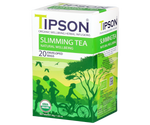 Tipson Slimming Tea – organiczna mieszanka zielonej herbaty cejlońskiej, dzikiej róży, rozmarynu, cynamonu, imbiru i kopru włoskiego. Kopertowane saszetki zostały umieszczone w opakowaniu ozdobionym grafiką grupki ludzi spędzających aktywnie czas na świeżym powietrzu.