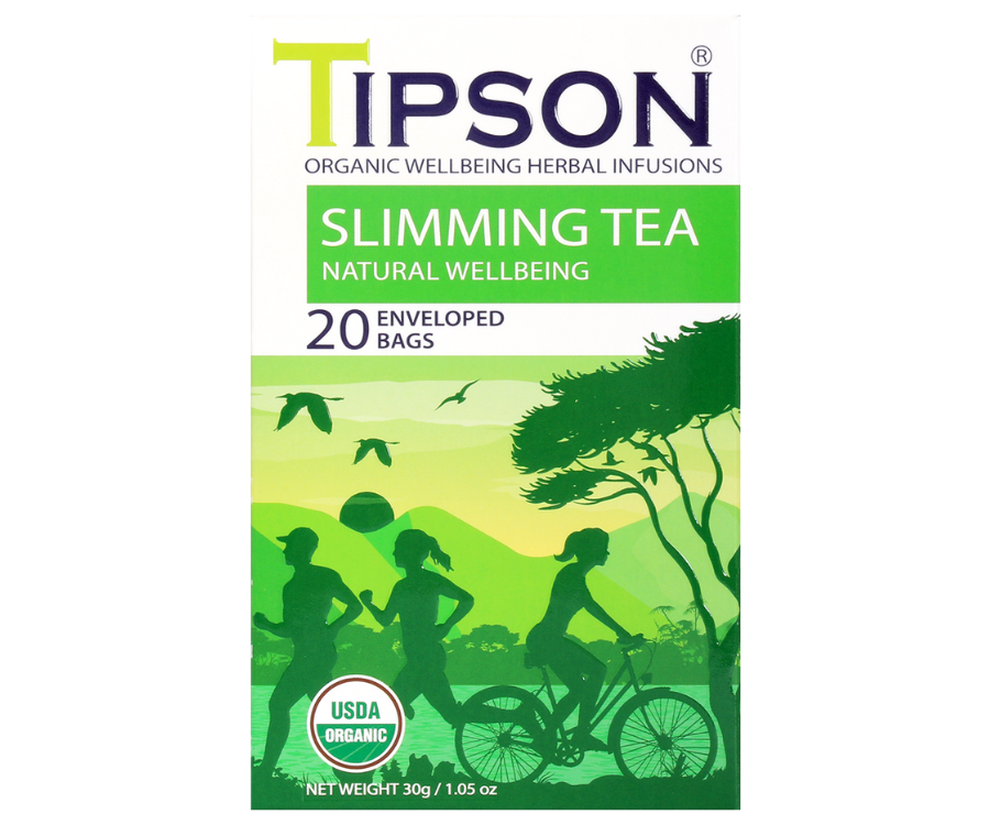 Tipson Slimming Tea – organiczna mieszanka zielonej herbaty cejlońskiej, dzikiej róży, rozmarynu, cynamonu, imbiru i kopru włoskiego. Kopertowane saszetki zostały umieszczone w opakowaniu ozdobionym grafiką grupki ludzi spędzających aktywnie czas na świeżym powietrzu.