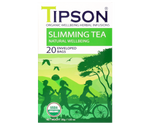 Tipson Slimming Tea – organiczna mieszanka zielonej herbaty cejlońskiej, dzikiej róży, rozmarynu, cynamonu, imbiru i kopru włoskiego. Kopertowane saszetki zostały umieszczone w opakowaniu ozdobionym grafiką grupki ludzi spędzających aktywnie czas na świeżym powietrzu.