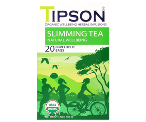 Tipson Slimming Tea – organiczna mieszanka zielonej herbaty cejlońskiej, dzikiej róży, rozmarynu, cynamonu, imbiru i kopru włoskiego. Kopertowane saszetki zostały umieszczone w opakowaniu ozdobionym grafiką grupki ludzi spędzających aktywnie czas na świeżym powietrzu.
