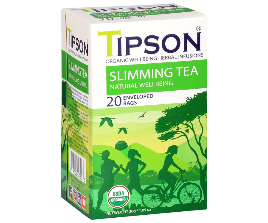 Tipson Slimming Tea – organiczna mieszanka zielonej herbaty cejlońskiej, dzikiej róży, rozmarynu, cynamonu, imbiru i kopru włoskiego. Kopertowane saszetki zostały umieszczone w opakowaniu ozdobionym grafiką grupki ludzi spędzających aktywnie czas na świeżym powietrzu.
