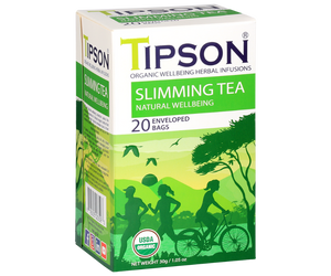 Tipson Slimming Tea – organiczna mieszanka zielonej herbaty cejlońskiej, dzikiej róży, rozmarynu, cynamonu, imbiru i kopru włoskiego. Kopertowane saszetki zostały umieszczone w opakowaniu ozdobionym grafiką grupki ludzi spędzających aktywnie czas na świeżym powietrzu.