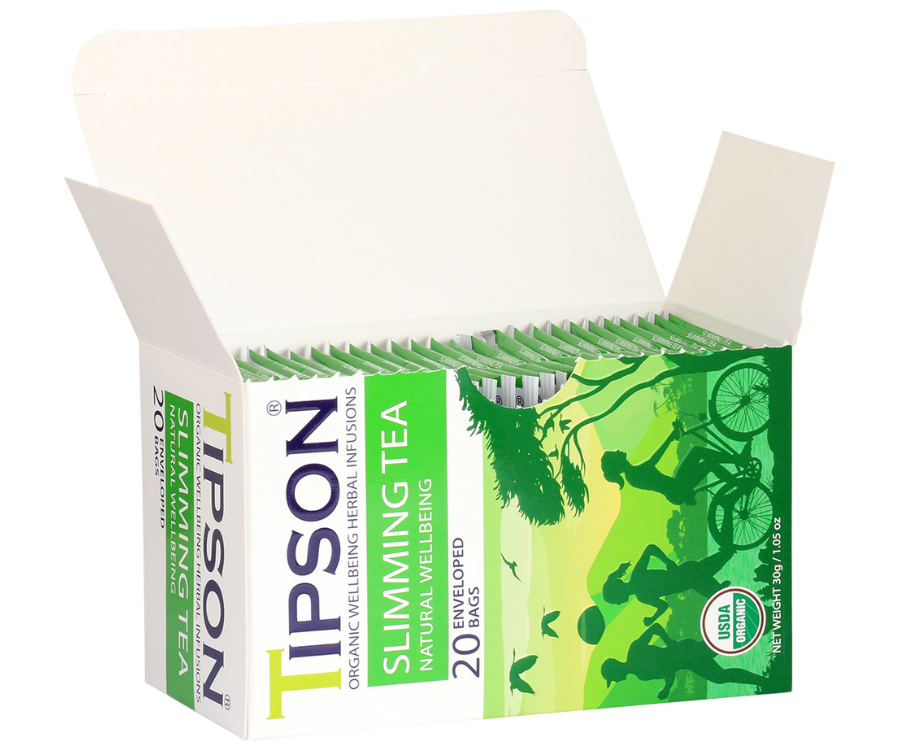 Tipson Slimming Tea – organiczna mieszanka zielonej herbaty cejlońskiej, dzikiej róży, rozmarynu, cynamonu, imbiru i kopru włoskiego. Kopertowane saszetki zostały umieszczone w opakowaniu ozdobionym grafiką grupki ludzi spędzających aktywnie czas na świeżym powietrzu.