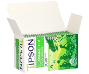 Tipson Slimming Tea – organiczna mieszanka zielonej herbaty cejlońskiej, dzikiej róży, rozmarynu, cynamonu, imbiru i kopru włoskiego. Kopertowane saszetki zostały umieszczone w opakowaniu ozdobionym grafiką grupki ludzi spędzających aktywnie czas na świeżym powietrzu.