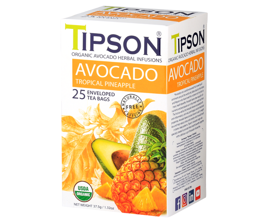 Tipson Avocado Tropical Pineapple – organiczna mieszanka trawy cytrynowej, dzikiej róży, liści awokado, bazylii, hibiskusa, ashwagandhy, owoców awokado oraz naturalnego aromatu ananasa. Kopertowane saszetki zostały umieszczone w opakowaniu ozdobionym grafiką liści i owoców.