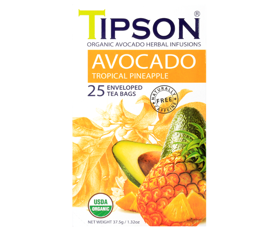 Tipson Avocado Tropical Pineapple – organiczna mieszanka trawy cytrynowej, dzikiej róży, liści awokado, bazylii, hibiskusa, ashwagandhy, owoców awokado oraz naturalnego aromatu ananasa. Kopertowane saszetki zostały umieszczone w opakowaniu ozdobionym grafiką liści i owoców.