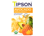 Tipson Avocado Tropical Pineapple – organiczna mieszanka trawy cytrynowej, dzikiej róży, liści awokado, bazylii, hibiskusa, ashwagandhy, owoców awokado oraz naturalnego aromatu ananasa. Kopertowane saszetki zostały umieszczone w opakowaniu ozdobionym grafiką liści i owoców.