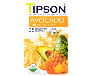 Tipson Avocado Tropical Pineapple – organiczna mieszanka trawy cytrynowej, dzikiej róży, liści awokado, bazylii, hibiskusa, ashwagandhy, owoców awokado oraz naturalnego aromatu ananasa. Kopertowane saszetki zostały umieszczone w opakowaniu ozdobionym grafiką liści i owoców.