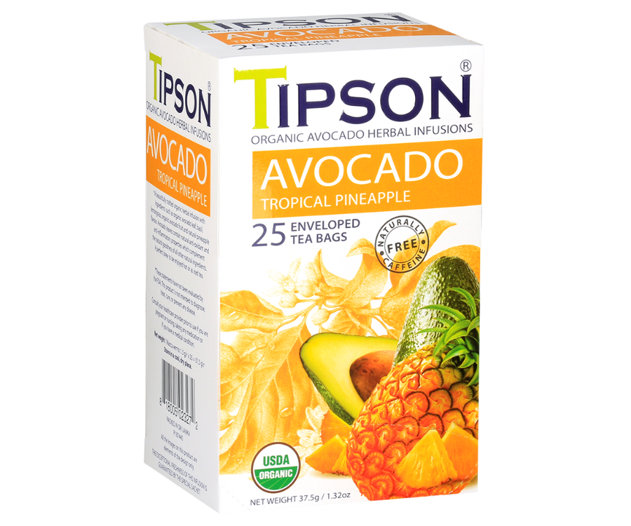 Tipson Avocado Tropical Pineapple – organiczna mieszanka trawy cytrynowej, dzikiej róży, liści awokado, bazylii, hibiskusa, ashwagandhy, owoców awokado oraz naturalnego aromatu ananasa. Kopertowane saszetki zostały umieszczone w opakowaniu ozdobionym grafiką liści i owoców.