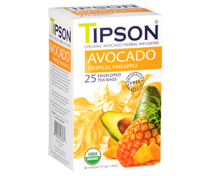 Tipson Avocado Tropical Pineapple – organiczna mieszanka trawy cytrynowej, dzikiej róży, liści awokado, bazylii, hibiskusa, ashwagandhy, owoców awokado oraz naturalnego aromatu ananasa. Kopertowane saszetki zostały umieszczone w opakowaniu ozdobionym grafiką liści i owoców.