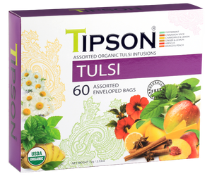 Tipson Tulsi Assorted – zestaw 6 smaków herbat z kolekcji organicznych naparów. Kopertowane saszetki zostały umieszczone w ozdobnej herbaciarce z motywem kwiatów, owoców, ziół i przypraw.