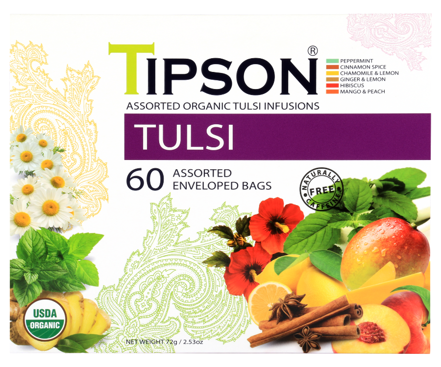 Tipson Tulsi Assorted – zestaw 6 smaków herbat z kolekcji organicznych naparów. Kopertowane saszetki zostały umieszczone w ozdobnej herbaciarce z motywem kwiatów, owoców, ziół i przypraw.