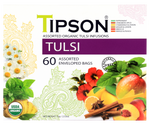 Tipson Tulsi Assorted – zestaw 6 smaków herbat z kolekcji organicznych naparów. Kopertowane saszetki zostały umieszczone w ozdobnej herbaciarce z motywem kwiatów, owoców, ziół i przypraw.