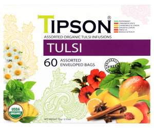 Tipson Tulsi Assorted – zestaw 6 smaków herbat z kolekcji organicznych naparów. Kopertowane saszetki zostały umieszczone w ozdobnej herbaciarce z motywem kwiatów, owoców, ziół i przypraw.