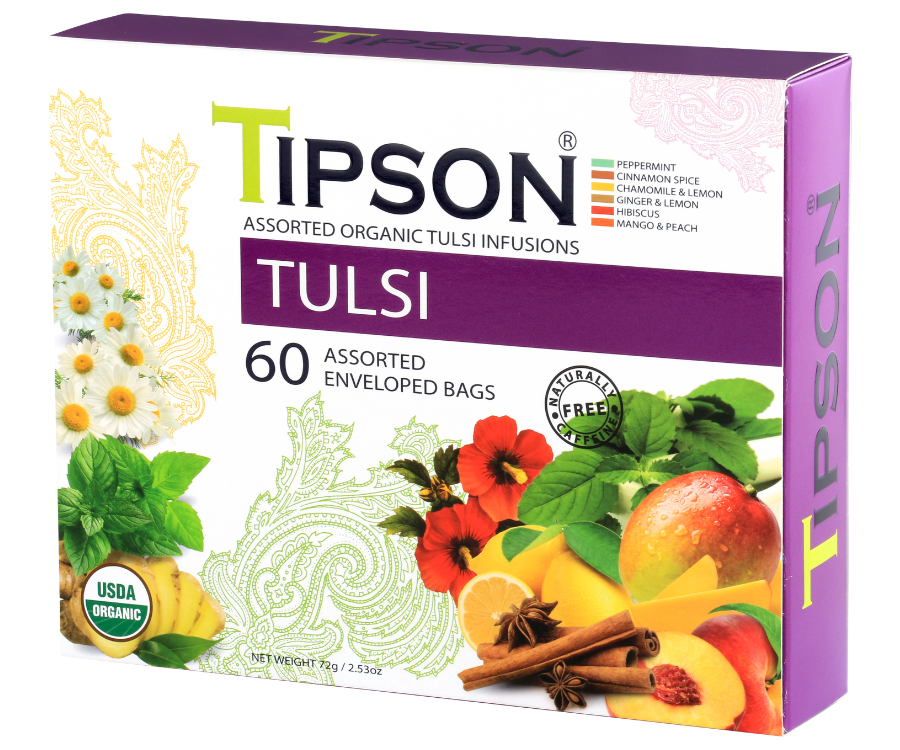 Tipson Tulsi Assorted – zestaw 6 smaków herbat z kolekcji organicznych naparów. Kopertowane saszetki zostały umieszczone w ozdobnej herbaciarce z motywem kwiatów, owoców, ziół i przypraw.