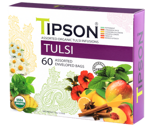 Tipson Tulsi Assorted – zestaw 6 smaków herbat z kolekcji organicznych naparów. Kopertowane saszetki zostały umieszczone w ozdobnej herbaciarce z motywem kwiatów, owoców, ziół i przypraw.