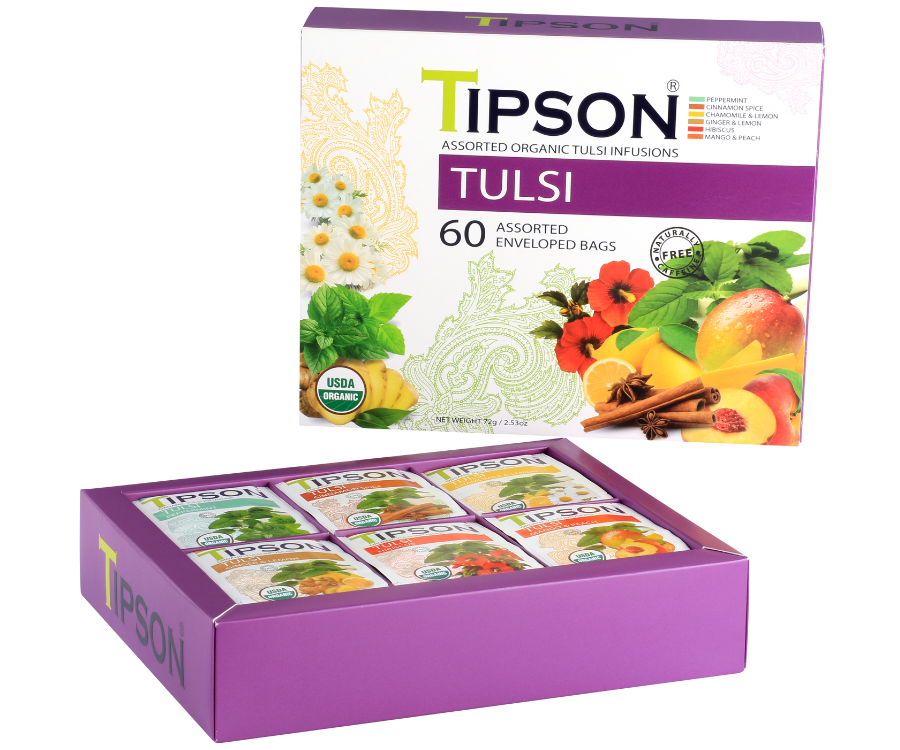 Tipson Tulsi Assorted – zestaw 6 smaków herbat z kolekcji organicznych naparów. Kopertowane saszetki zostały umieszczone w ozdobnej herbaciarce z motywem kwiatów, owoców, ziół i przypraw.