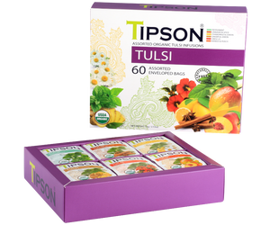 Tipson Tulsi Assorted – zestaw 6 smaków herbat z kolekcji organicznych naparów. Kopertowane saszetki zostały umieszczone w ozdobnej herbaciarce z motywem kwiatów, owoców, ziół i przypraw.