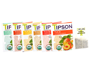 Tipson Tulsi Assorted – zestaw 6 smaków herbat z kolekcji organicznych naparów. Kopertowane saszetki zostały umieszczone w ozdobnej herbaciarce z motywem kwiatów, owoców, ziół i przypraw.