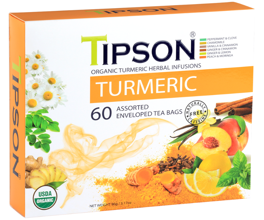 Tipson Turmeric Assorted – zestaw herbat z kolekcji organicznych naparów. W prezentowej herbaciarce znajduje się 6 smaków herbat ziołowych z dodatkami – owocami, ziołami i przyprawami. 