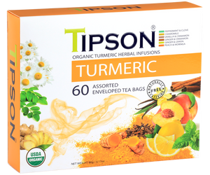 Tipson Turmeric Assorted – zestaw herbat z kolekcji organicznych naparów. W prezentowej herbaciarce znajduje się 6 smaków herbat ziołowych z dodatkami – owocami, ziołami i przyprawami. 